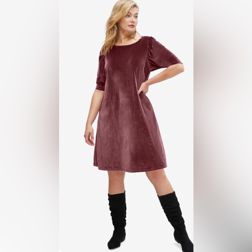 Puff Sleeve Velour Deep Wine Dress Wms Plus sz 34/36